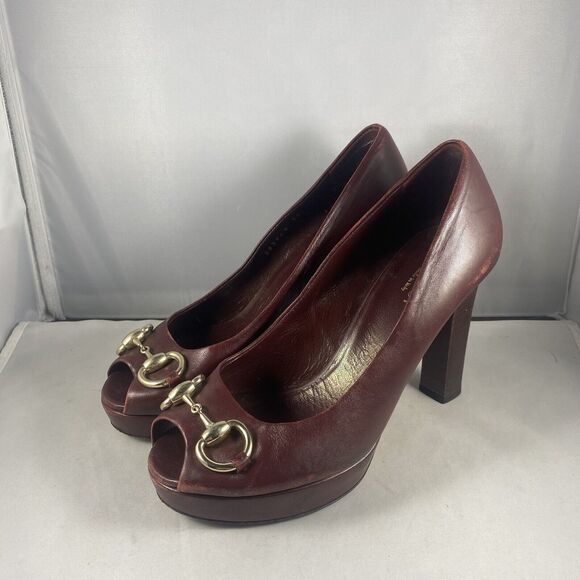 GUCCI Open Toe Brown Leather Gold Horse-bit High Heel Pump Size 36 - Picture 1 of 11